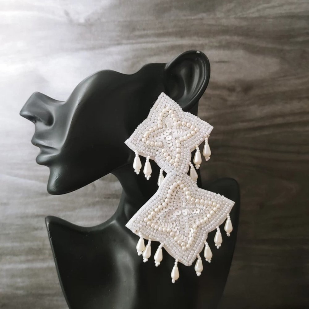 Handcrafted White Beaded Earrings